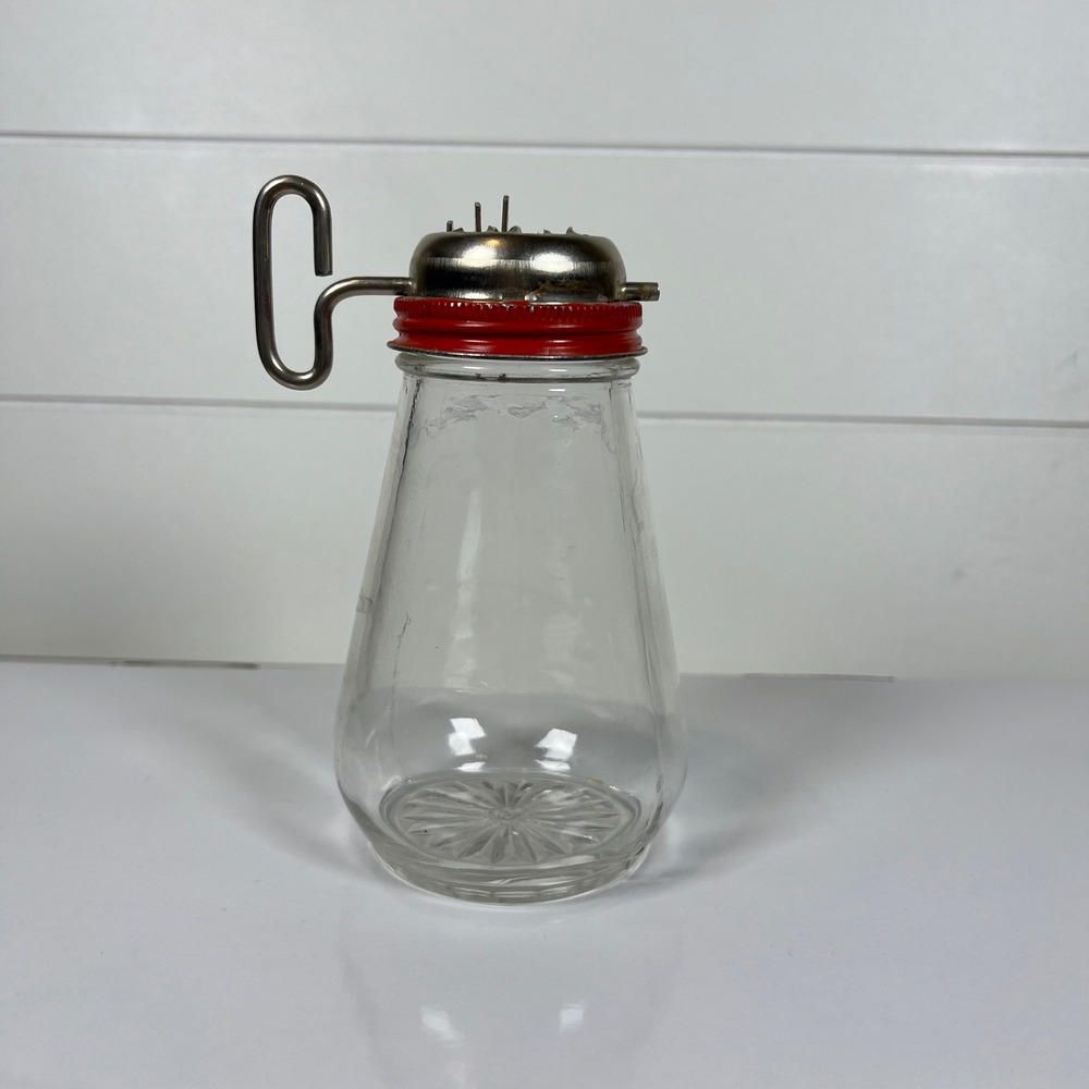 Vintage Glass Powdered Sugar Shaker Red Metal Lid Mechanical Sifter Retro